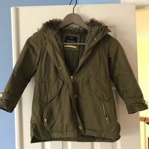 Army green Zara kids coat with faux fur trim